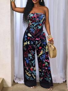 BamGleam Ensemble deux pièces BamGleam composé d'un top ultra-court à imprimé floral asymétrique, de pantalons ultra-longs à jambes larges pour l'été/les vacances à la plage.