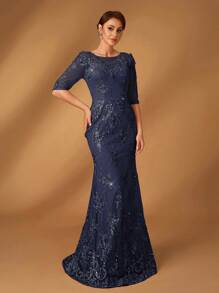 Serin Váy đuôi cá tay vừa vặn thêu lưới sequin thanh lịch, phù hợp cho dạ hội, tiệc độc thân, hẹn hò, kỳ nghỉ, đám cưới, váy mẹ cô dâu - Màu xanh hải quân - Xem 7