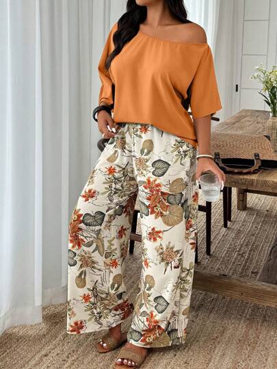 EMERY ROSE Set de 2 piezas Blusa y pantalones de talla grande con estampado de plantas tropicales para un estilo casual de vacaciones