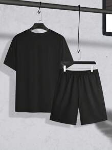 Manfinity Homme Plus Size Men's Summer Casual Letter Print T-Shirt & Shorts Set - Black - View 3
