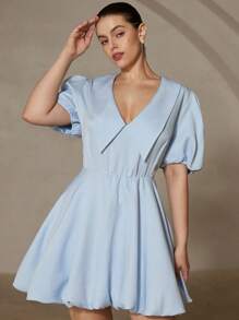 SHEIN Unity French Retro Sky Blue Summer Dress Elegant Tea Party V-Neck Puff Sleeve Waisted Ruffle Hem Flattering Short Dress Women Old Money Style Fashionable - Blue - View 4