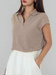 Dazy-Less Camiseta de mujer de manga corta, de punto holgado y casual, de unicolor con parches, para uso casual en el trabajo - Marrón - Ver 3