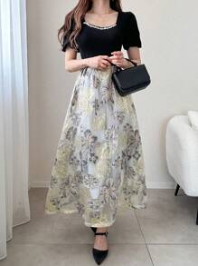 FRIFUL Damen langes Kleid mit Stoffpatchwork, strukturierter Jacquard-Diamant-Dekoration, Puffärmeln und geraffter Taille, Schlankheitskleid für den Sommer, geeignet für Geburtstage, Feiertage und Urlaub