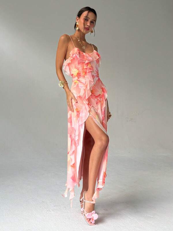 Aloruh Frühlings-Sommer romantisches Date ärmelloses V-Ausschnitt Rüschen-Saum Bodycon Kleid mit Blumen Muster im Maxilänge