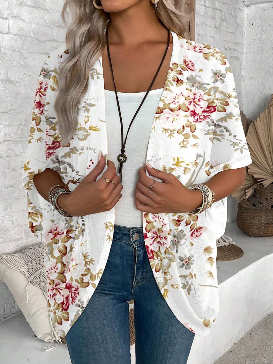 EMERY ROSE 女士休闲复古花卉图案轻薄夹克，适合春夏季度假 - 彩色 - 查看 1