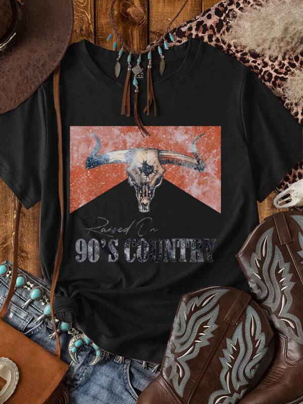SHEIN LUNE Ladies "RAND 90's COUNTRY" Pattern T-Shirt - Casual Round Neck Short Sleeve Top, Country Music Shirt, Spring/Summer Casual Sleeve Top, Women's Apparel Suitable For Spring/Summer, Machine Washable