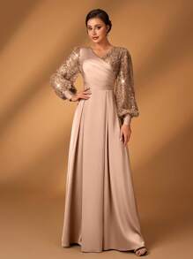 Serin Elegancka luksusowa sukienka damska z satyny z koralikami i cekinami, z rękawami w kształcie latarni, z dekoltem w serek i marszczeniami na dole w kształcie litery A, odpowiednia dla matek na wesela, imprezy, przyjęcia, wieczorne gale