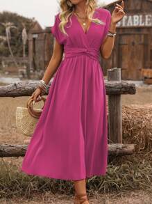 EMERY ROSE Women's Cross Shirred Waisted Twist Back Blouson Sleeve A-Line Midi Dress, Bohemian Vacation Casual Style, Spring/Summer - Hot Pink - View 8