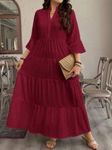 SHEIN LUNE 加大码波西米亚树叶印花多层娃娃裙，休闲度假长裙夏季长裙女士夏季服装圣帕特里克节服装复活节夏季服装女士春季服装海滩圣帕特里克节复活节休闲套装女士优雅超长裙