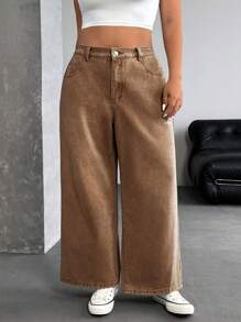 SHEIN ICON 大码女式休闲水洗宽松牛仔裤 - 棕色 - 查看 3