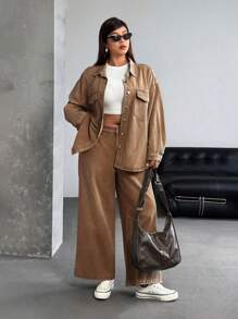 SHEIN ICON 大码女式休闲水洗宽松牛仔夹克 - 棕色 - 查看 3