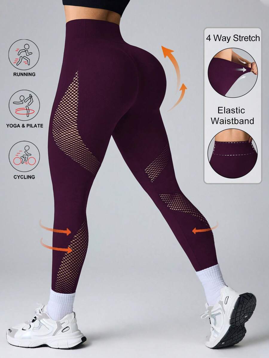 Easithlete Mallas deportivas de yoga sin costuras de alta elasticidad con paneles de malla - Rojo violeta - Ver 1