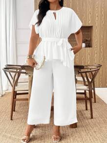 EMERY ROSE 大码女式纯色圆领无袖背心和阔腿裤套装，时尚夏季两件套服装 - 白色 - 查看 1