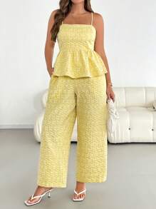 Auralis 大码女装春夏时尚休闲舒适日常立体纹理面料荷叶边吊带上衣和阔腿裤奶油黄色可爱两件套，欧洲夏季，度假装，裤子套装，夏威夷装女装，2 件夏季装 - 黃色 - 查看 5