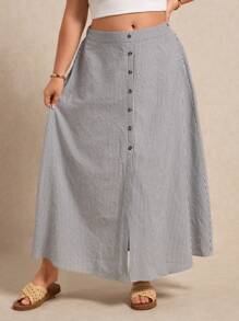 Elaquor 大码女式休闲条纹纽扣设计开衩下摆半身裙 - 彩色 - 查看 4