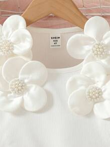 Elladie kids 小女孩 2 件套:珍珠和花朵点缀白色背心 + 粉色松紧腰修身短裤,适合生日、节日、夏季派对 - 橘色 - 查看 4