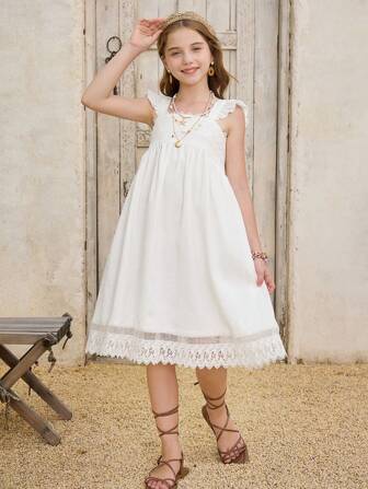 SHEIN 1 件方领蕾丝花边腰部收腰度假连衣裙，适合夏季度假和户外活动