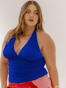 Aralina Top de salir de corte ceñido con cuello de halter fruncido, sin espalda y con lazo, talla grande curva - azul real - Ver 6