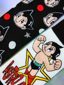 Astro Boy X SHEIN 2 Paar weiche und atmungsaktive Damen Gestreifter Crew Socken, verstärkte Zehenpartie und Ferse für Haltbarkeit, geeignet für alle Jahreszeiten