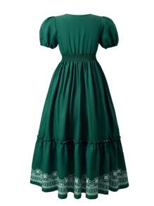 SHEIN Explorewe Tween Girl Puff Sleeve Ruffle Hem Printed A-Line Dress - Dark Green - View 4