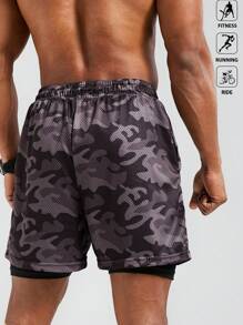 Acti Log Men's Camouflage Print Drawstring Waist 2-In-1 Fitness Workout Shorts Biker Shorts Running Shorts - Black - View 6