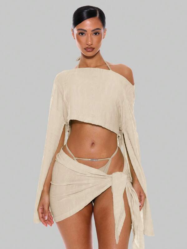 Musera Resort Asymmetric Off Shoulder Draped Textured Long Sleeve Top Co Ord Top Only Summer Spring Holiday Vacation Sexy Ibiza Beachwear Cover Up