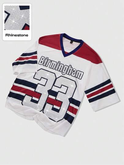 Street Life Camiseta de manga corta casual y deportiva para hombre, con letras, números, rayas y contraste de colores, estilo rave