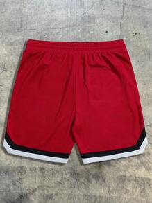 AXEPEAK Men Letter Patched Drawstring Waist Shorts, School, Streetwear Style - Red - View 2