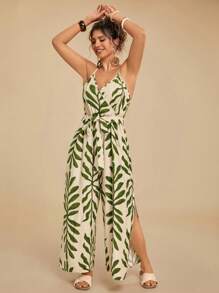 Travachic 大码女式复古休闲树叶印花宽松吊带连体裤，适合度假、海滩、旅行和夏季穿着 - 綠色 - 查看 1