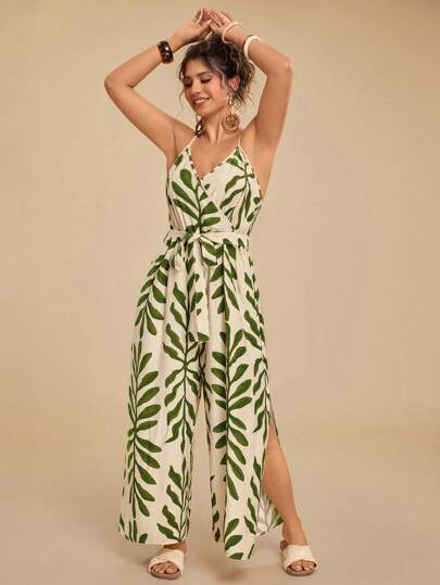 Travachic 大码女式复古休闲树叶印花宽松吊带连体裤，适合度假、海滩、旅行和夏季穿着