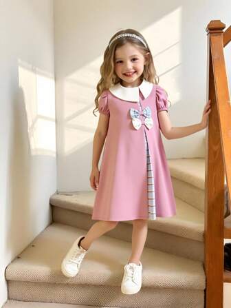 Elladie kids 女童可爱淑女粉色梭织面料拼接蓝色条纹蝴蝶结泡泡袖A字连衣裙，夏季