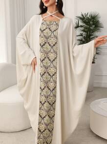 SHEIN Najma 复古印花拼布蝙蝠袖交叉领带宽松保守长裙，端庄的卡夫坦 - 彩色 - 查看 5