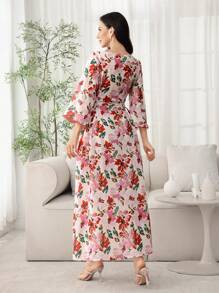 Al Najma V 领喇叭袖花卉印花侧抽绳春夏连衣裙，端庄 - 彩色 - 查看 3