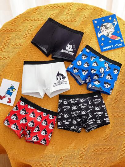 Astro Boy X SHEIN 5pcs Tween Boy Soft & Comfy Cartoon Letter Print With Contrast Trim Boxer Briefs,Basic Casual Briefs,Black,White,Blue, Kids Boxers Boxers For Boys