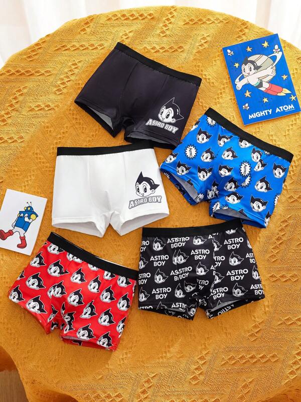Astro Boy X SHEIN 5 pièces Boxer pour garçon préadolescent avec impression de lettres de bande dessinée et bordure contrastée