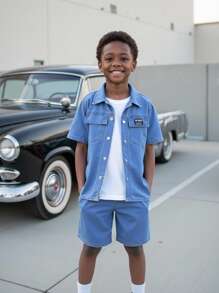 2 Stücke/Set Stylisches Jungen Outfit aus Denim, Kurzarm Hemd & Denim Shorts