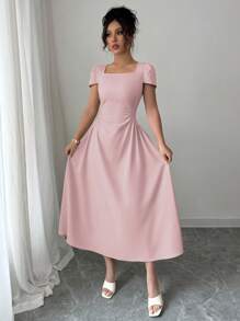 Elenzga Women's Elegant French Style Casual Commuting Vacation Afternoon Tea Solid Color Square Collar Waist Slimming Chic Puff Sleeve Mid-Calf Length Dress, Spring & Summer