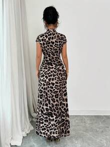 Breezaya 女式优雅豹纹领短袖腰部收腰纽扣连衣裙 - 棕色 - 查看 2