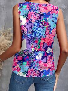 SHEIN Clasi 蓝色和紫色抽象印花V领无袖荷叶边修身女式衬衫，休闲夏季日常穿着及度假休闲皆宜。 - 彩色 - 查看 2