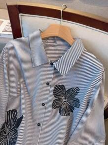 SHEIN Clasi 大码休闲通勤花卉条纹印花衬衫 - 黑色 - 查看 3
