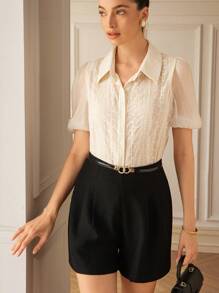 Aveloria Rosie Áo sơ mi tay bồng thêu hoa phía trước chất liệu vải voan phối ren cho nữ - Màu be - Xem 5