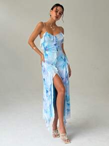 Aloruh 女士花卉印花荷叶边 V 领修身长裙，浪漫度假约会之选，春夏 - 藍色 - 查看 8