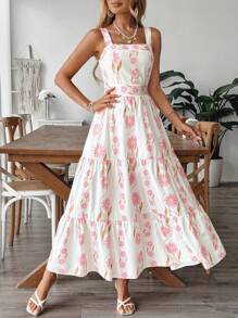 Breezaya 女式蓝白花卉印花高腰休闲假日办公室吊带裙 - 彩色 - 查看 6