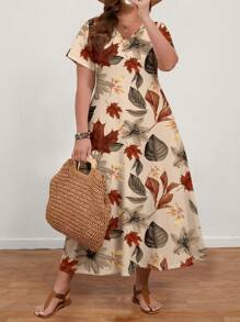 EMERY ROSE Gaun Wanita Ukuran Besar Kasual Motif Daun Maple Leher V Lengan Pendek, Cocok untuk Musim Panas, Gaun Santai, Gaun Musim Panas yang Elegan - MultiWarna - View 1