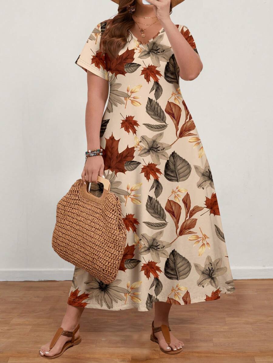 EMERY ROSE Gaun Wanita Ukuran Besar Kasual Motif Daun Maple Leher V Lengan Pendek, Cocok untuk Musim Panas, Gaun Santai, Gaun Musim Panas yang Elegan - MultiWarna - View 1