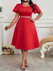 Fleurora Abito midi da donna con scollo a cuore, maniche corte con volant, elegante, con vita impreziosita da strass, di taglia grande