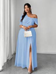 Elenzga Plus Size Women Elegant Romantic Wedding/Party/Event Chiffon One-Shoulder Slit Dress