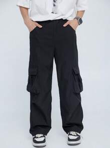 青少年男孩裤子 1 条装休闲 4 季实用直筒宽松黑色裤子，带 3D 口袋，百搭街头风格