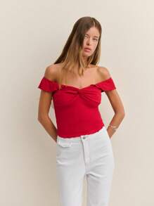 Nöista Off Shoulder Top With Ruffle Detail, Bardot Neckline Summer Lettuce Hem Vacation 4th Of July Top - Red - View 7