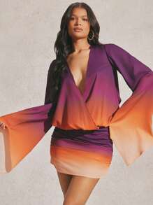 Hauture Ombre Surplice Plunge Neck Bell Sleeve Mini Dress - Multicolor - View 4